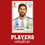 Lionel Messi World Cup Sticker Men's T-Shirt – red close-up detail shot of the Lionel Messi World Cup Players Couture logo