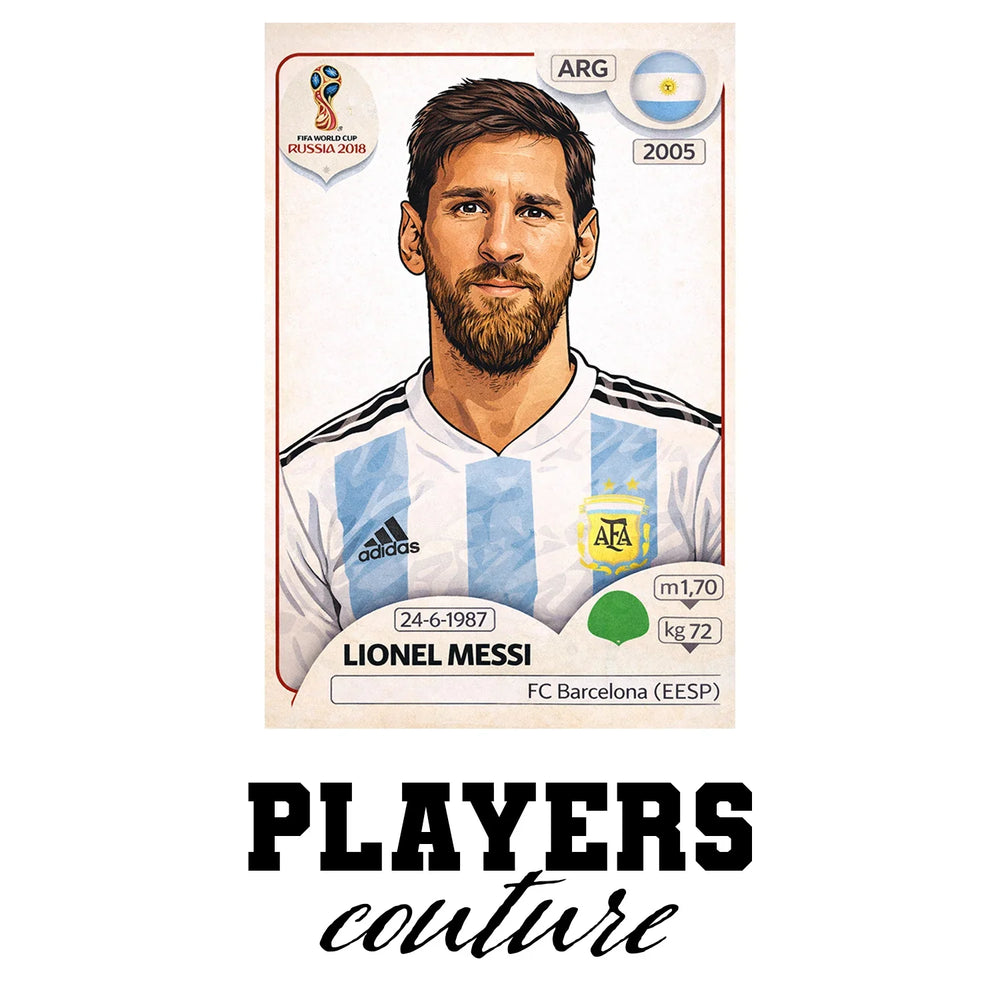 Lionel Messi World Cup Sticker Men's T-Shirt – white close-up detail shot of the Lionel Messi Players Couture logo design