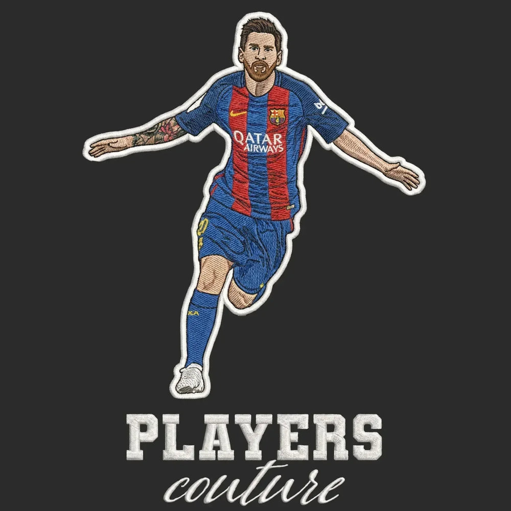 Lionel Messi Barcelona Badge Men's Hoodie – black close-up detail shot of the Lionel Messi Barcelona Players Couture logo