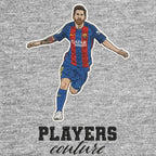 Lionel Messi Barcelona Badge Men's Hoodie – grey close-up detail shot of the Lionel Messi Barcelona Players Couture logo