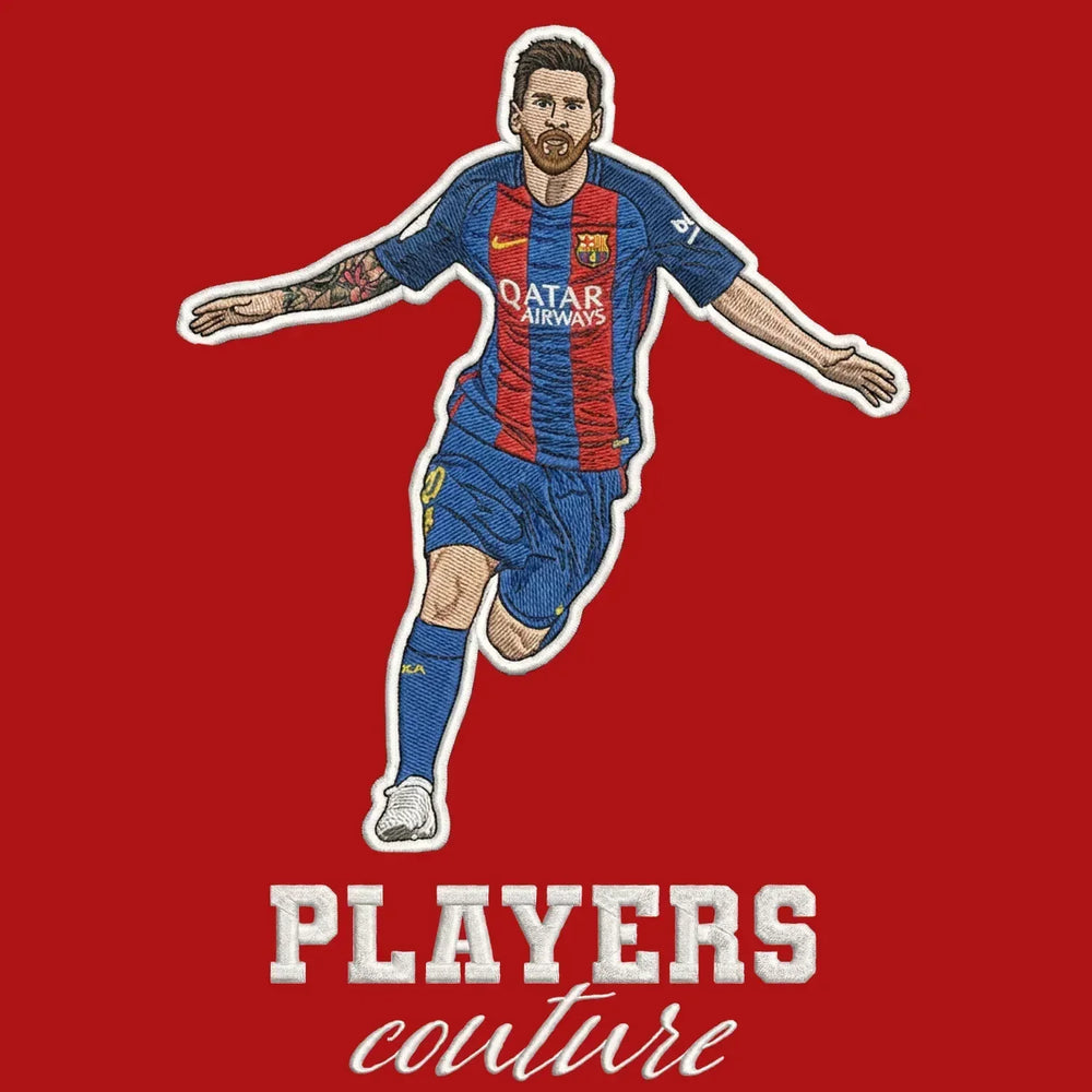 Lionel Messi Barcelona Badge Men's Hoodie – red close-up detail shot of the Lionel Messi Barcelona Players Couture logo