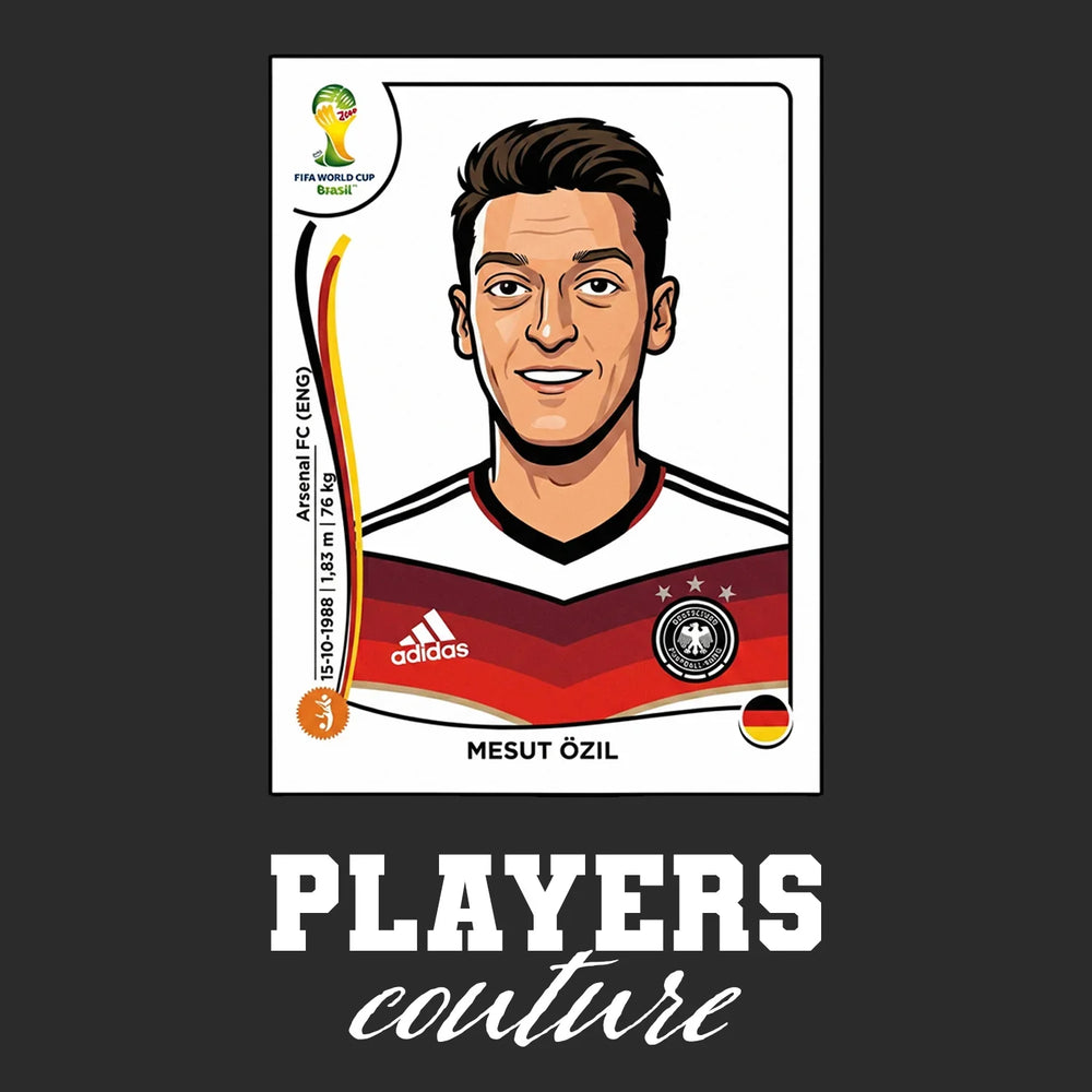 Mesut Ozil World Cup Sticker Men's T-Shirt – black close-up detail shot of the Mesut Ozil World Cup Players Couture logo