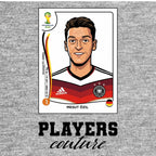 Mesut Ozil World Cup Sticker Men's T-Shirt – grey close-up detail shot of the Mesut Ozil World Cup Players Couture logo