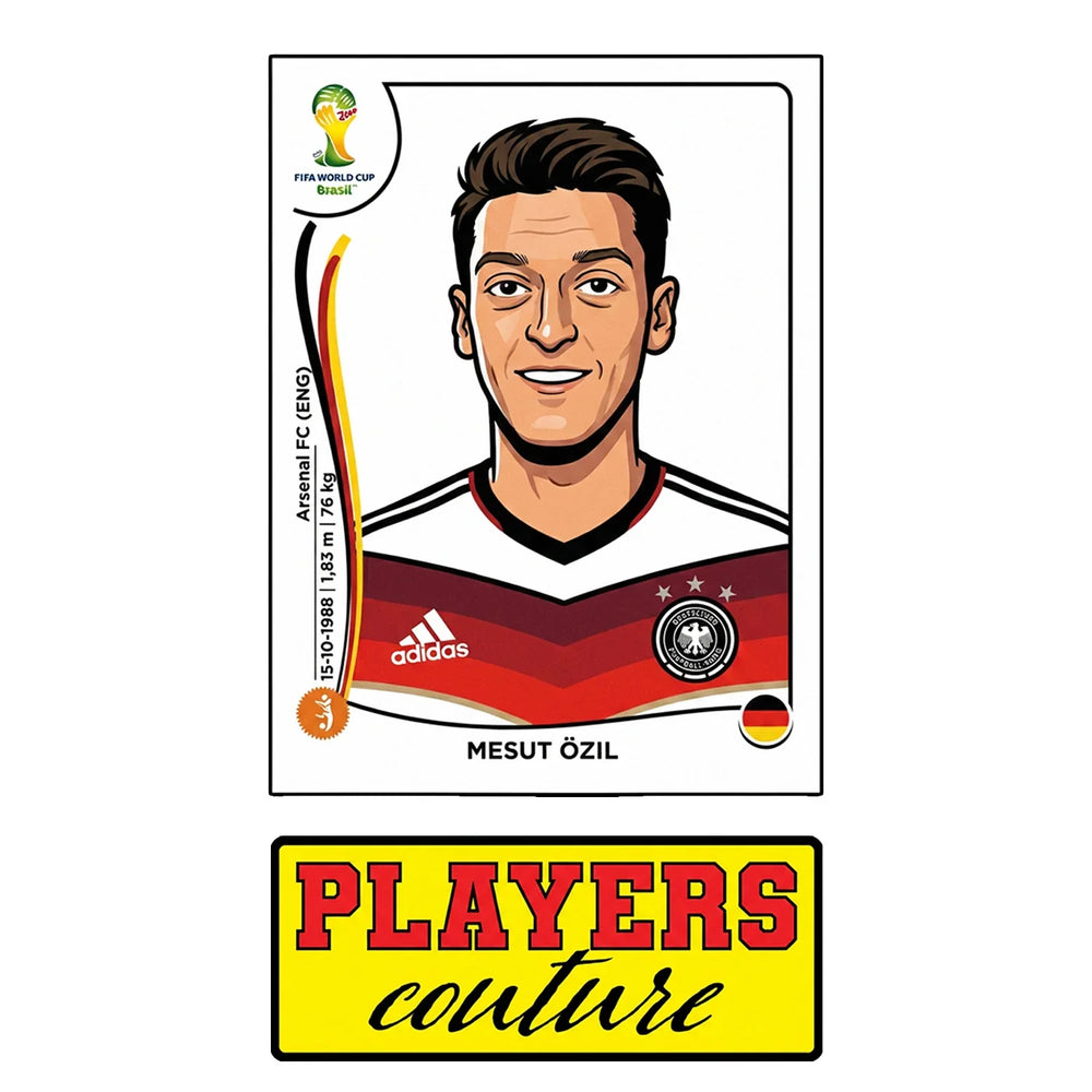 Mesut Ozil World Cup Sticker Men's T-Shirt – close-up detail shot of the Mesut Ozil World Cup Players Couture logo design