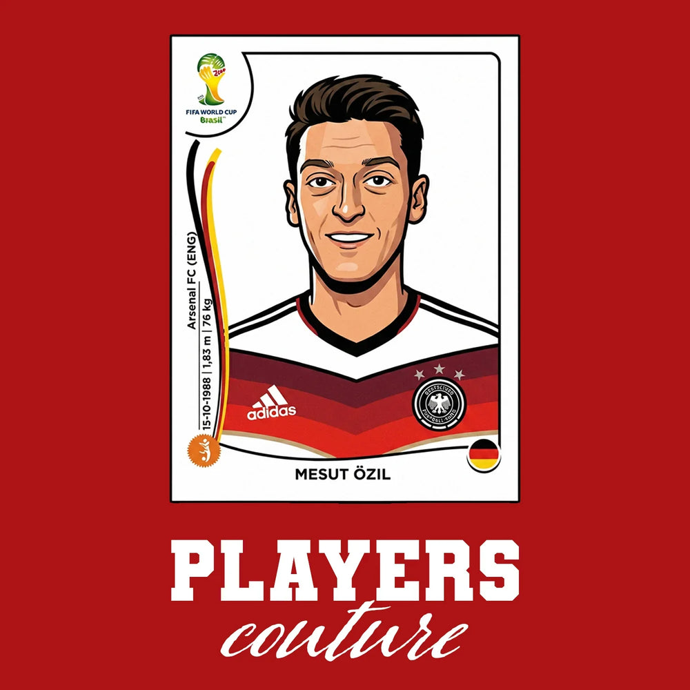 Mesut Ozil World Cup Sticker Men's T-Shirt – red close-up detail shot of the Mesut Ozil World Cup Players Couture logo design