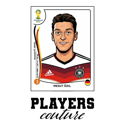 Mesut Ozil World Cup Sticker Men's T-Shirt – white close-up detail shot of the Mesut Ozil Players Couture logo design