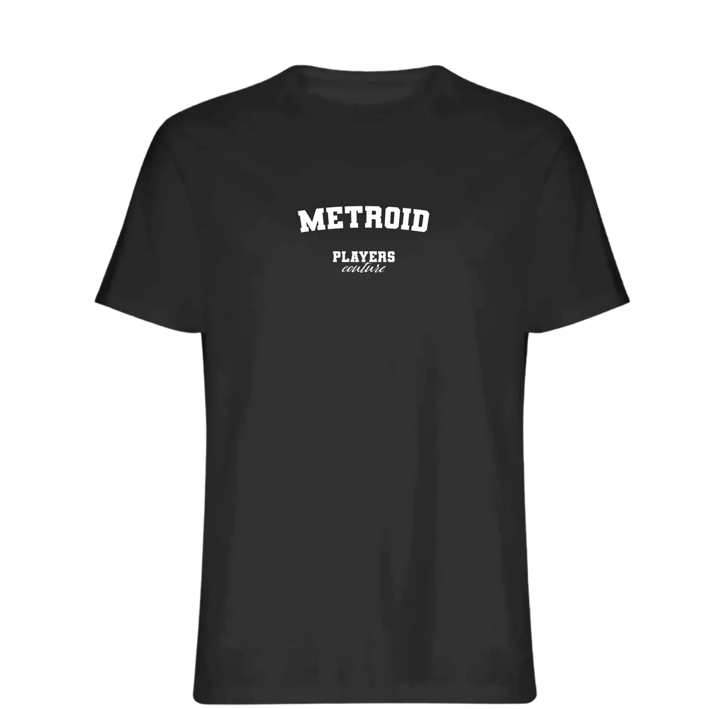 Metroid t-shirt – black men's t-shirt with white Metroid letters and Players Couture logo on the chest