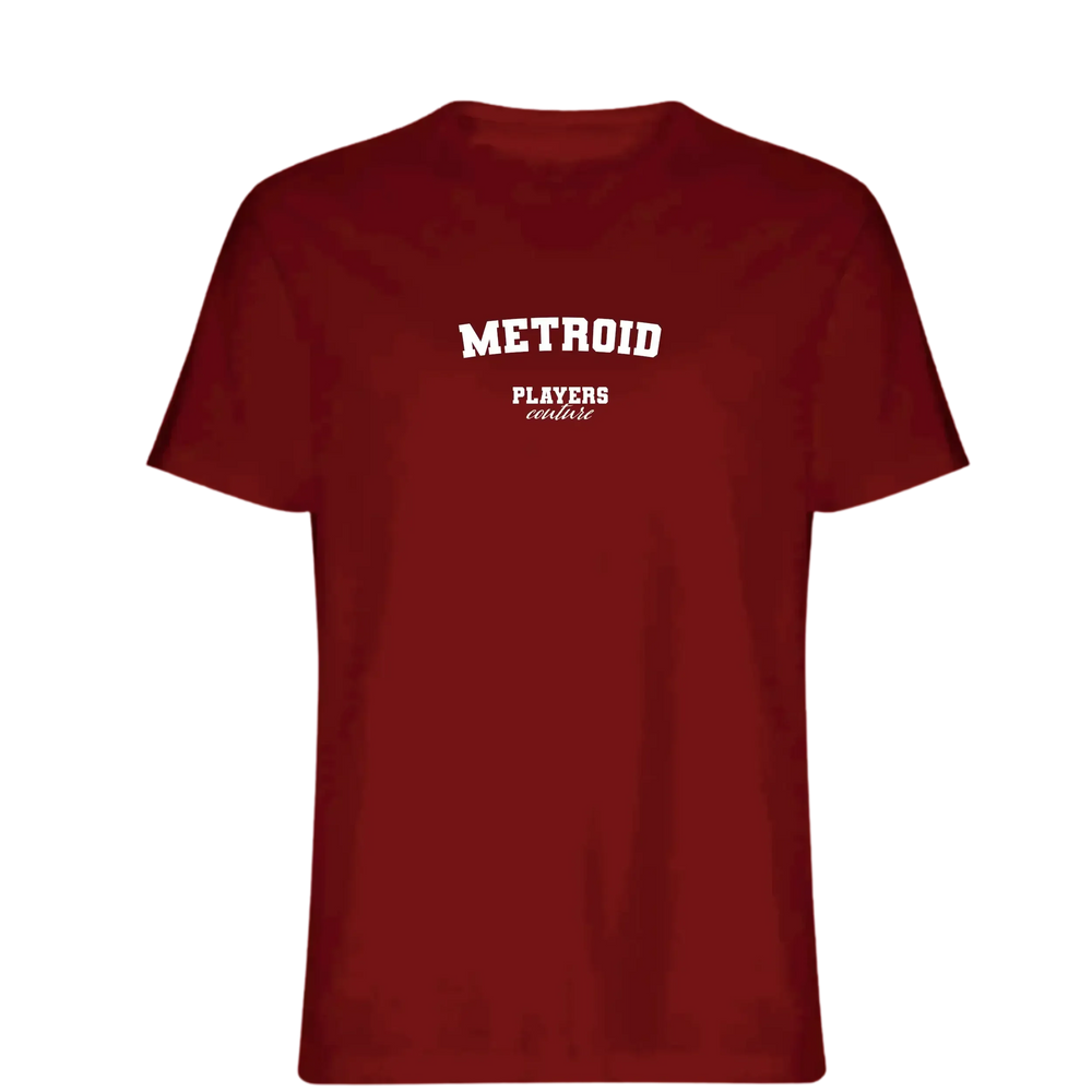 Metroid t-shirt – red men's t-shirt with white Metroid letters and Players Couture logo on the chest