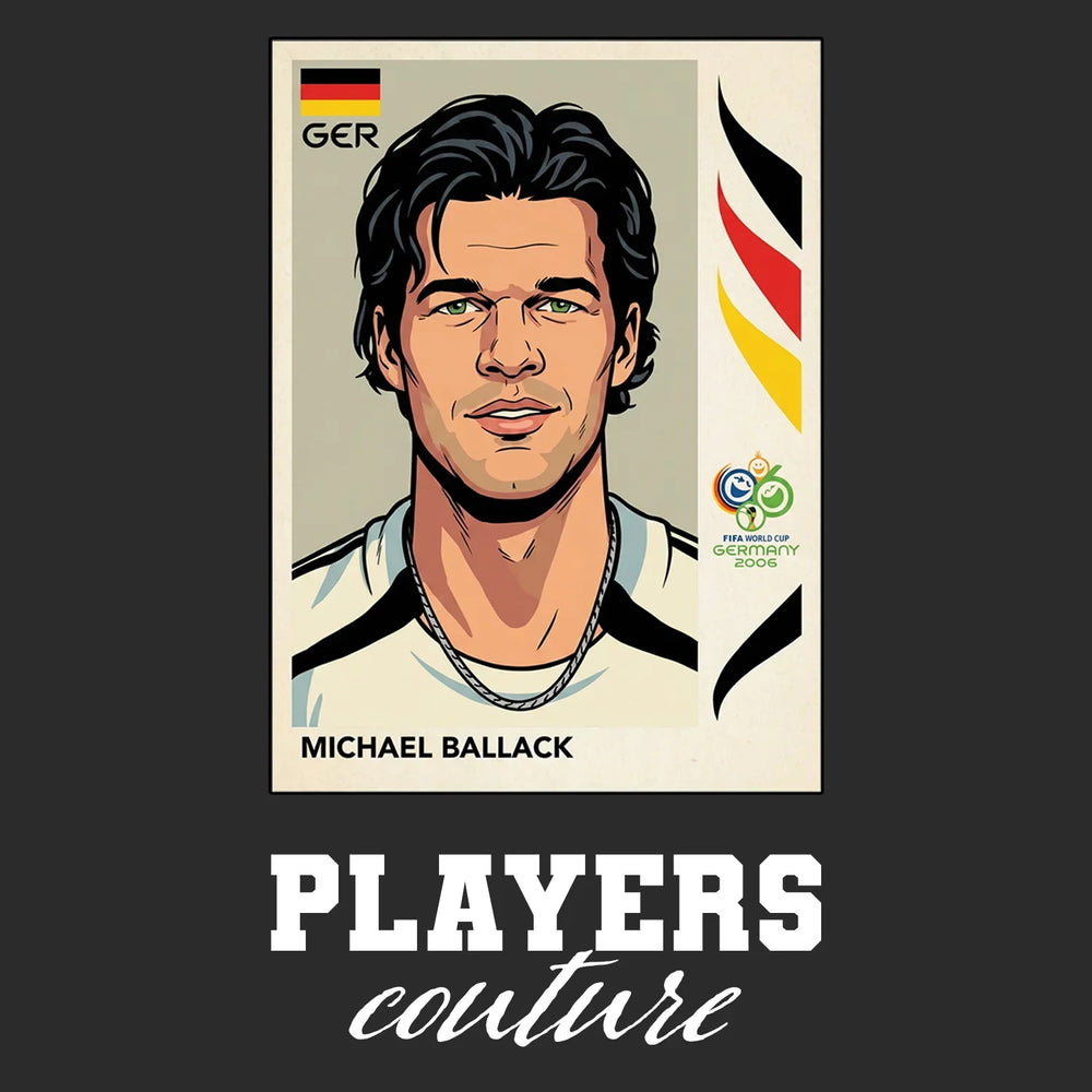 Michael Ballack World Cup Sticker Men's T-Shirt – black close-up detail shot of the Michael Ballack World Cup Players