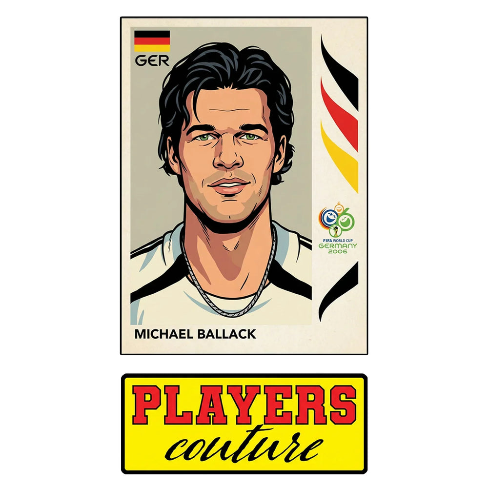 Michael Ballack World Cup Sticker Men's T-Shirt – close-up detail shot of the Michael Ballack World Cup Players Couture logo