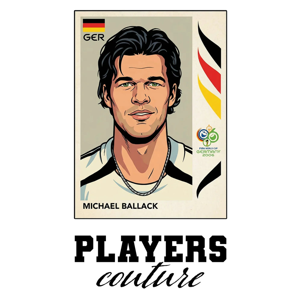 Michael Ballack World Cup Sticker Men's T-Shirt – white close-up detail shot of the Michael Ballack Players Couture logo