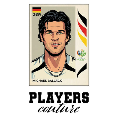 Michael Ballack World Cup Sticker Men's T-Shirt – white close-up detail shot of the Michael Ballack Players Couture logo
