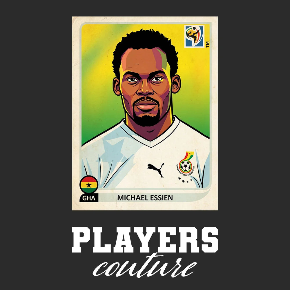 Michael Essien World Cup Sticker Men's T-Shirt – black close-up detail shot of the Michael Essien World Cup Players Couture