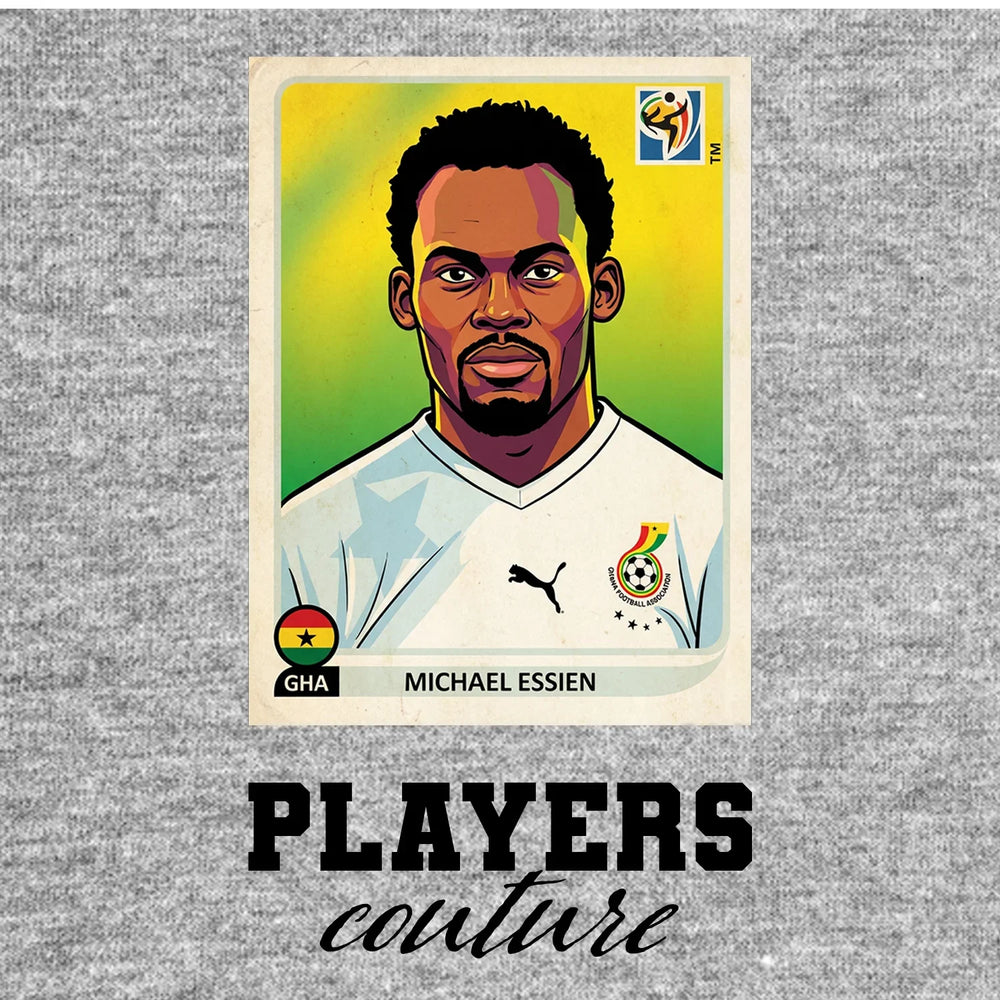 Michael Essien World Cup Sticker Men's T-Shirt – grey close-up detail shot of the Michael Essien World Cup Players Couture