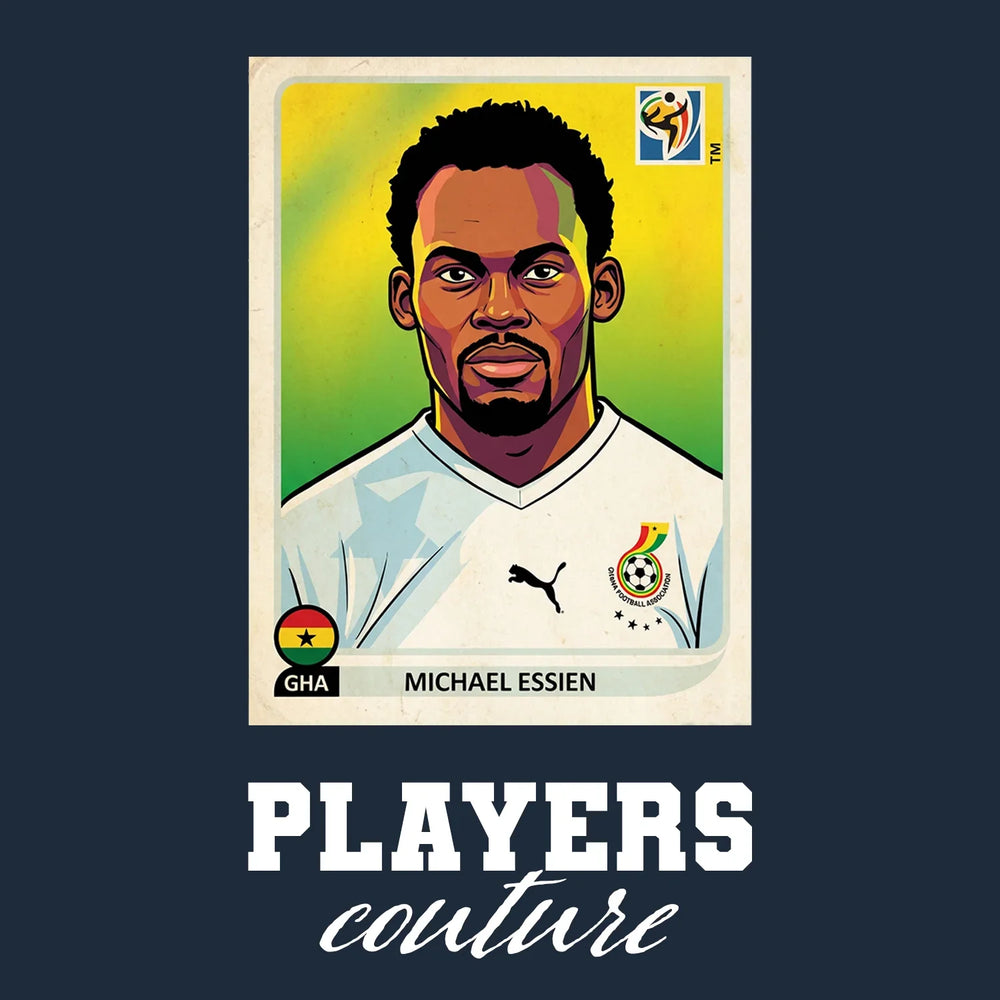 Michael Essien World Cup Sticker Men's T-Shirt – navy close-up detail shot of the Michael Essien World Cup Players Couture