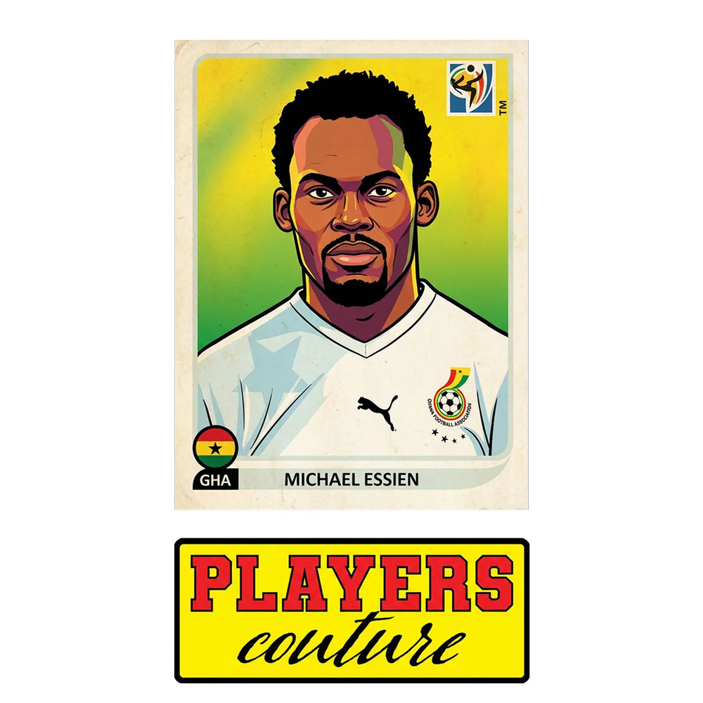 Michael Essien World Cup Sticker Men's T-Shirt – close-up detail shot of the Michael Essien World Cup Players Couture logo
