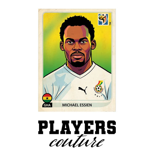 Michael Essien World Cup Sticker Men's T-Shirt – white close-up detail shot of the Michael Essien Players Couture logo design