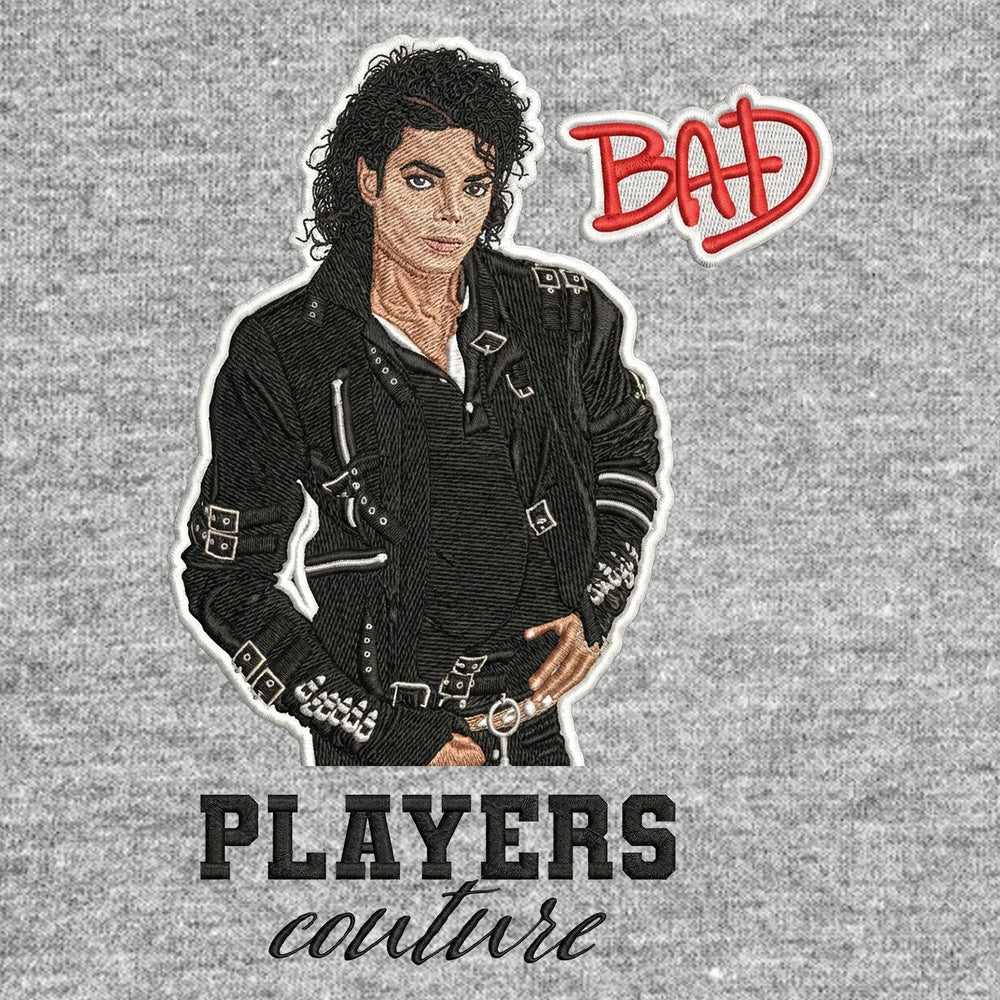 Michael Jackson Bad Badge Men's Hoodie – black close-up detail shot of the Michael Jackson Players Couture logo design