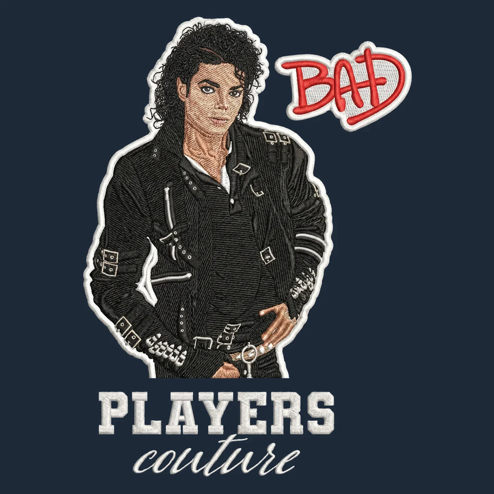 Michael Jackson Bad Badge Men's Hoodie – white close-up detail shot of the Michael Jackson Bad Players Couture logo design