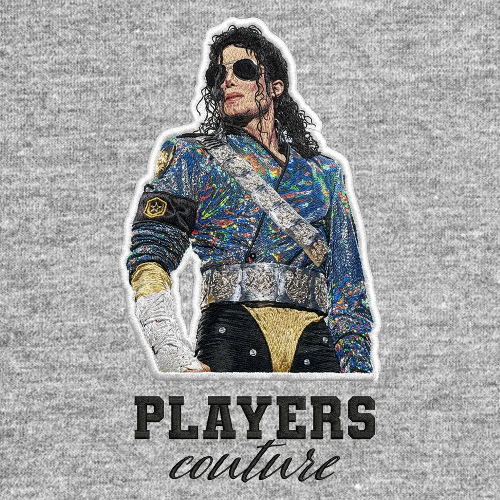 Michael Jackson Glitter Jacket Badge Men's Hoodie – black close-up detail shot of the Michael Jackson Players Couture logo