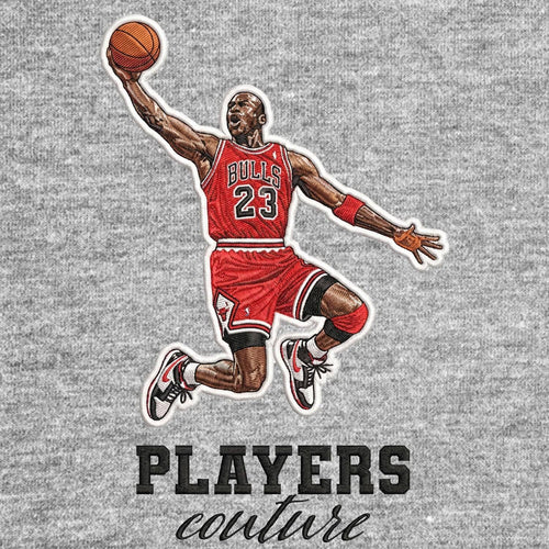 Michael Jordan Badge Men's Hoodie – grey close-up detail shot of the Michael Jordan Players Couture logo design
