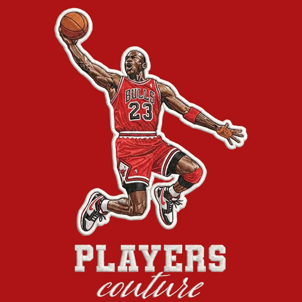 Michael Jordan Badge Men's Hoodie – red close-up detail shot of the Michael Jordan Players Couture logo design