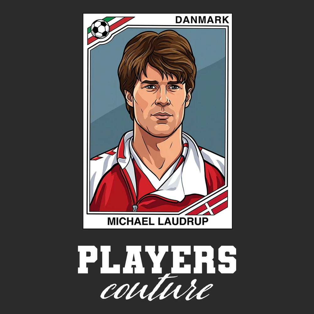Michael Laudrup World Cup Sticker Men's T-Shirt – black close-up detail shot of the Michael Laudrup World Cup Players