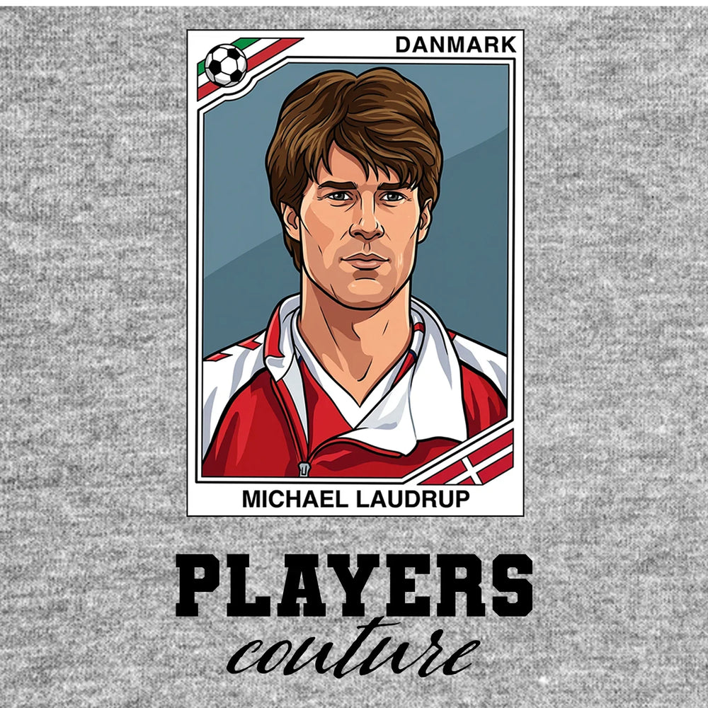 Michael Laudrup World Cup Sticker Men's T-Shirt – grey close-up detail shot of the Michael Laudrup World Cup Players Couture