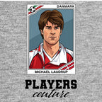 Michael Laudrup World Cup Sticker Men's T-Shirt – grey close-up detail shot of the Michael Laudrup World Cup Players Couture