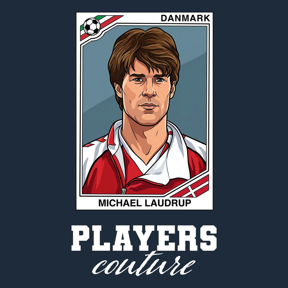 Michael Laudrup World Cup Sticker Men's T-Shirt – navy close-up detail shot of the Michael Laudrup World Cup Players Couture
