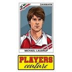 Michael Laudrup World Cup Sticker Men's T-Shirt – close-up detail shot of the Michael Laudrup World Cup Players Couture logo
