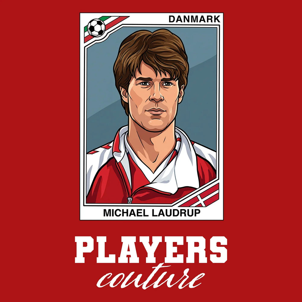 Michael Laudrup World Cup Sticker Men's T-Shirt – red close-up detail shot of the Michael Laudrup World Cup Players Couture