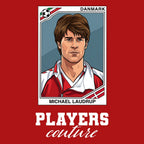 Michael Laudrup World Cup Sticker Men's T-Shirt – red close-up detail shot of the Michael Laudrup World Cup Players Couture