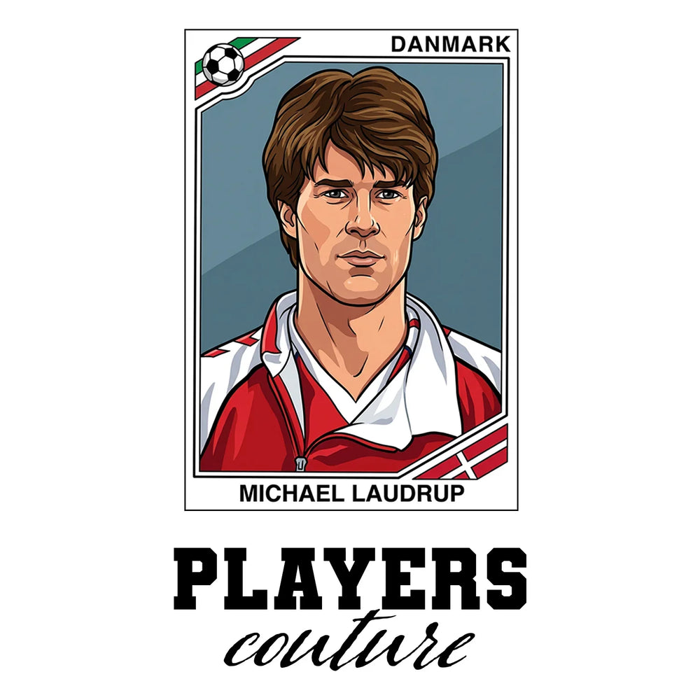 Michael Laudrup World Cup Sticker Men's T-Shirt – white close-up detail shot of the Michael Laudrup Players Couture logo