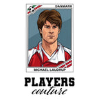Michael Laudrup World Cup Sticker Men's T-Shirt – white close-up detail shot of the Michael Laudrup Players Couture logo
