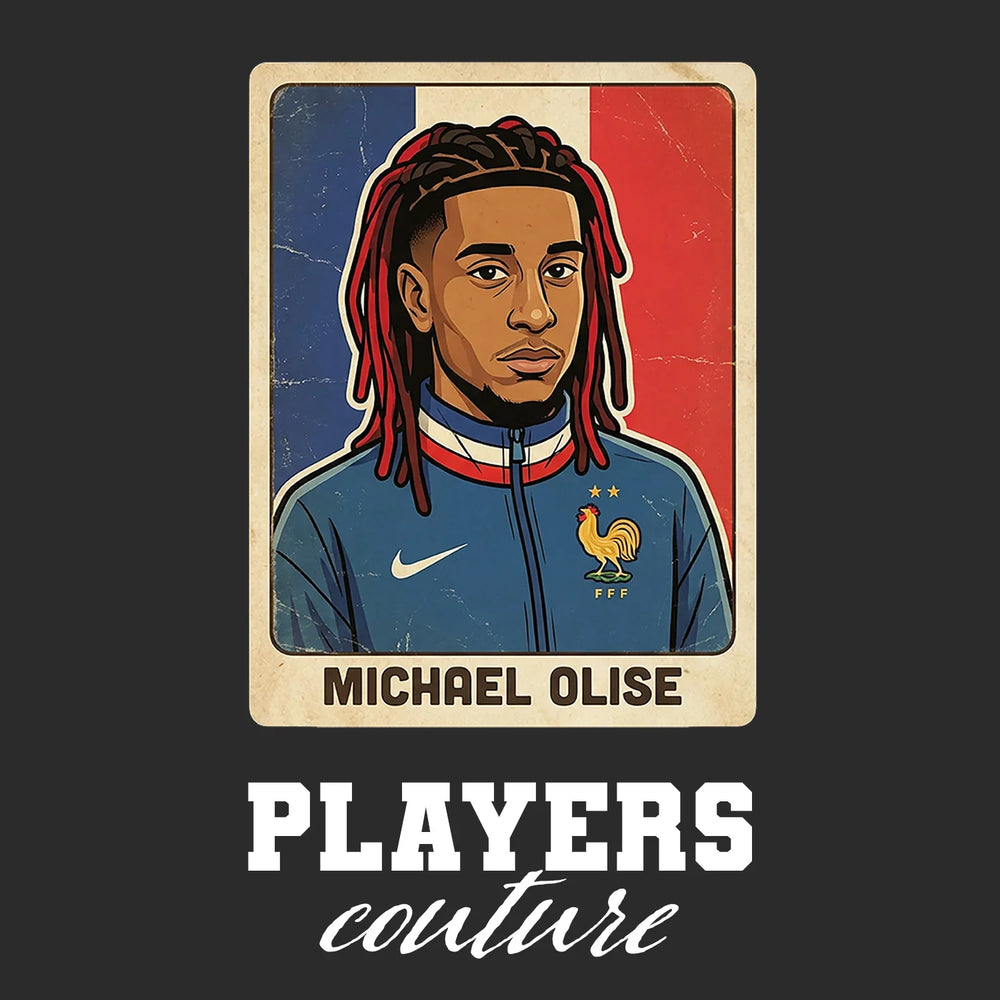 Michael Olise World Cup Sticker Men's T-Shirt – black close-up detail shot of the Michael Olise World Cup Players Couture
