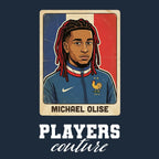Michael Olise World Cup Sticker Men's T-Shirt – navy close-up detail shot of the Michael Olise World Cup Players Couture