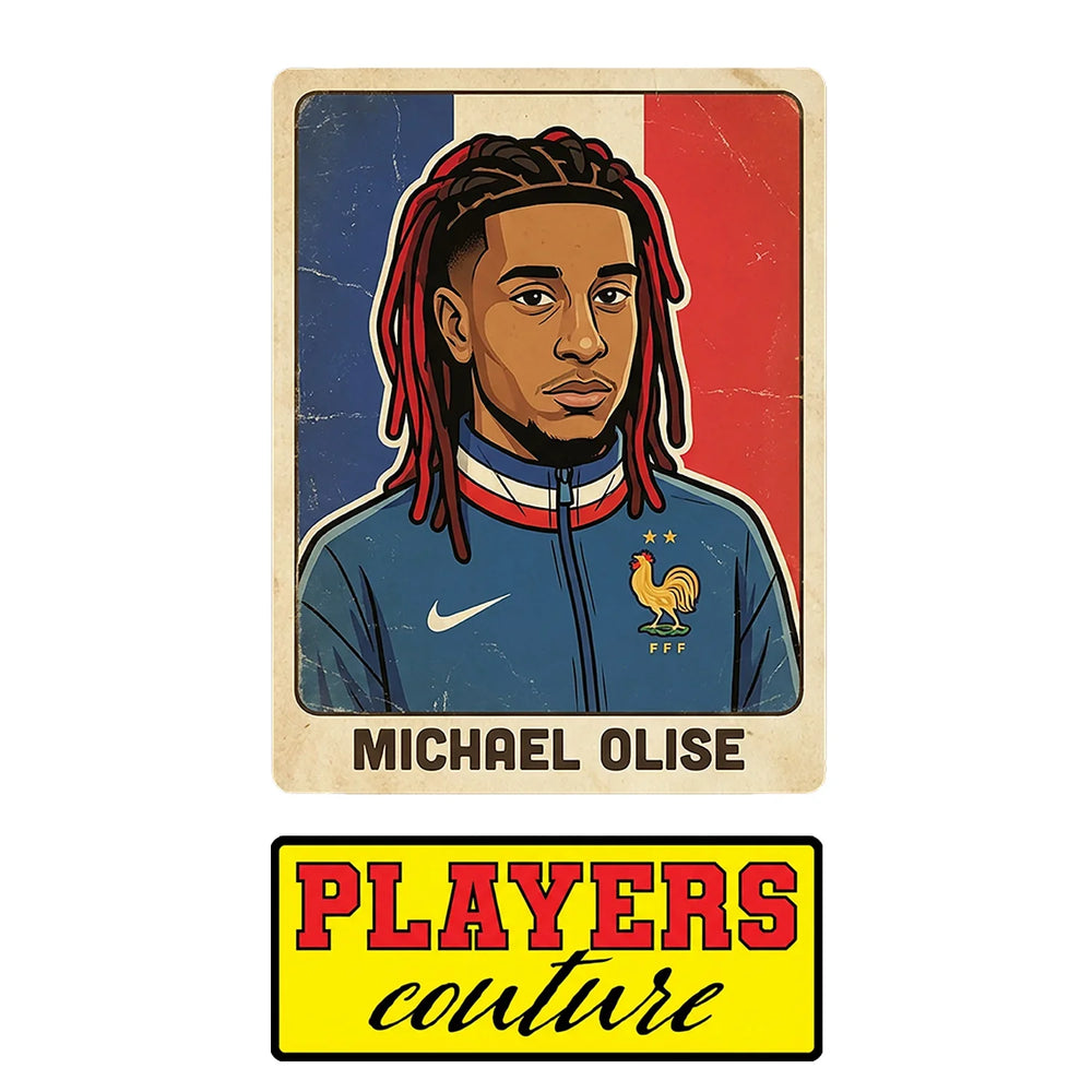 Michael Olise World Cup Sticker Men's T-Shirt – close-up detail shot of the Michael Olise World Cup Players Couture logo