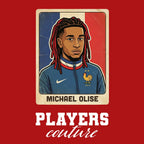 Michael Olise World Cup Sticker Men's T-Shirt – red close-up detail shot of the Michael Olise World Cup Players Couture logo