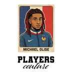 Michael Olise World Cup Sticker Men's T-Shirt – white close-up detail shot of the Michael Olise Players Couture logo design