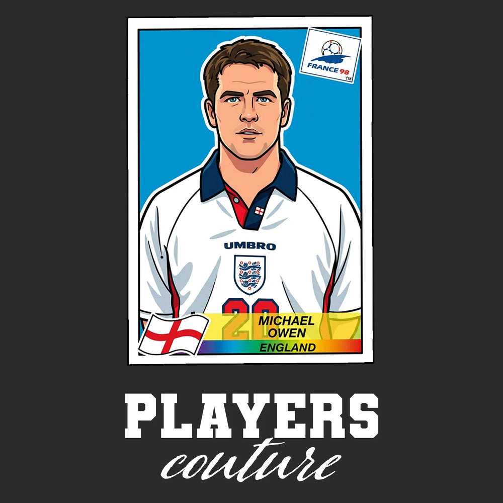 Michael Owen World Cup Sticker Men's T-Shirt – black close-up detail shot of the Michael Owen World Cup Players Couture logo