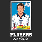 Michael Owen World Cup Sticker Men's T-Shirt – black close-up detail shot of the Michael Owen World Cup Players Couture logo