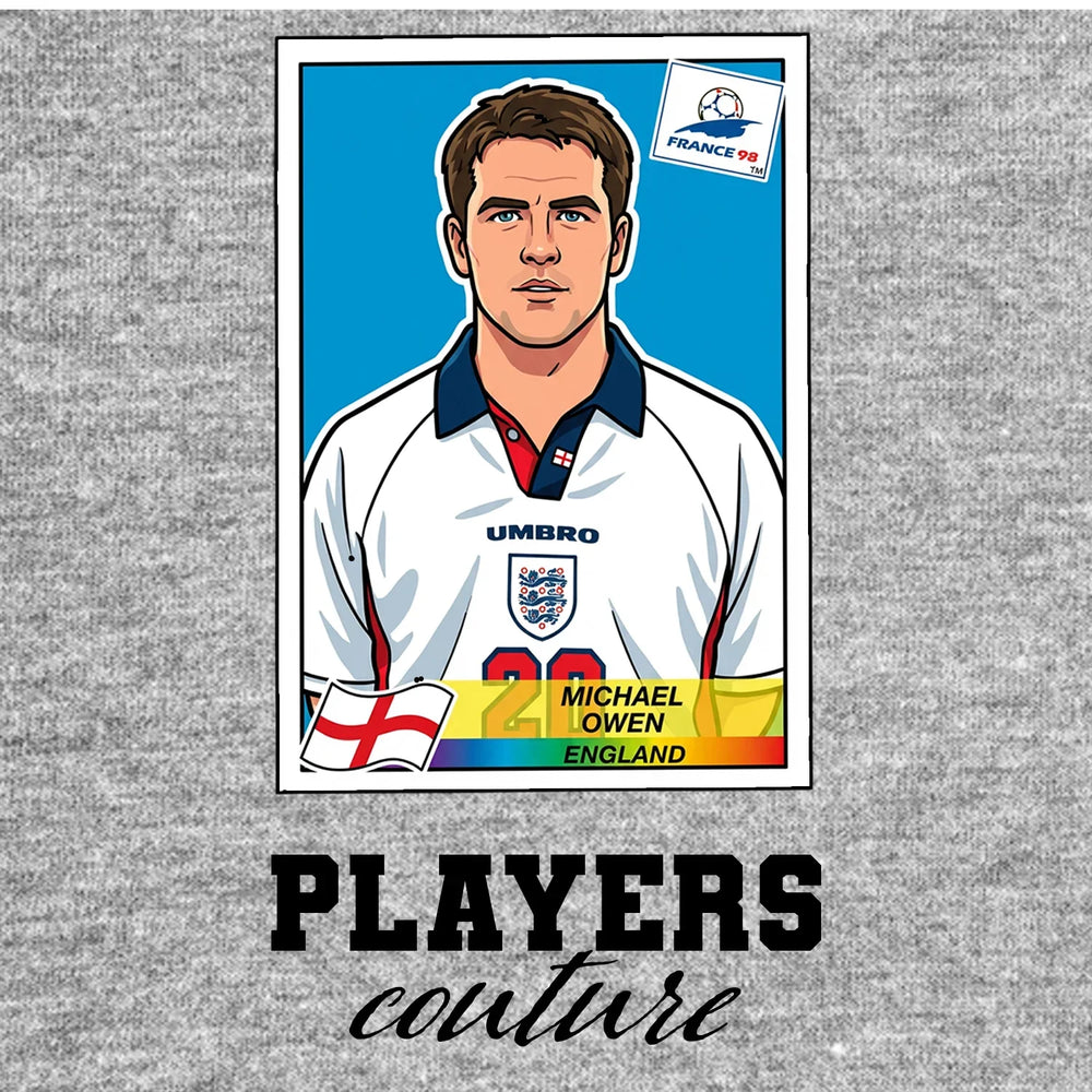 Michael Owen World Cup Sticker Men's T-Shirt – grey close-up detail shot of the Michael Owen World Cup Players Couture logo