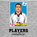Michael Owen World Cup Sticker Men's T-Shirt – grey close-up detail shot of the Michael Owen World Cup Players Couture logo
