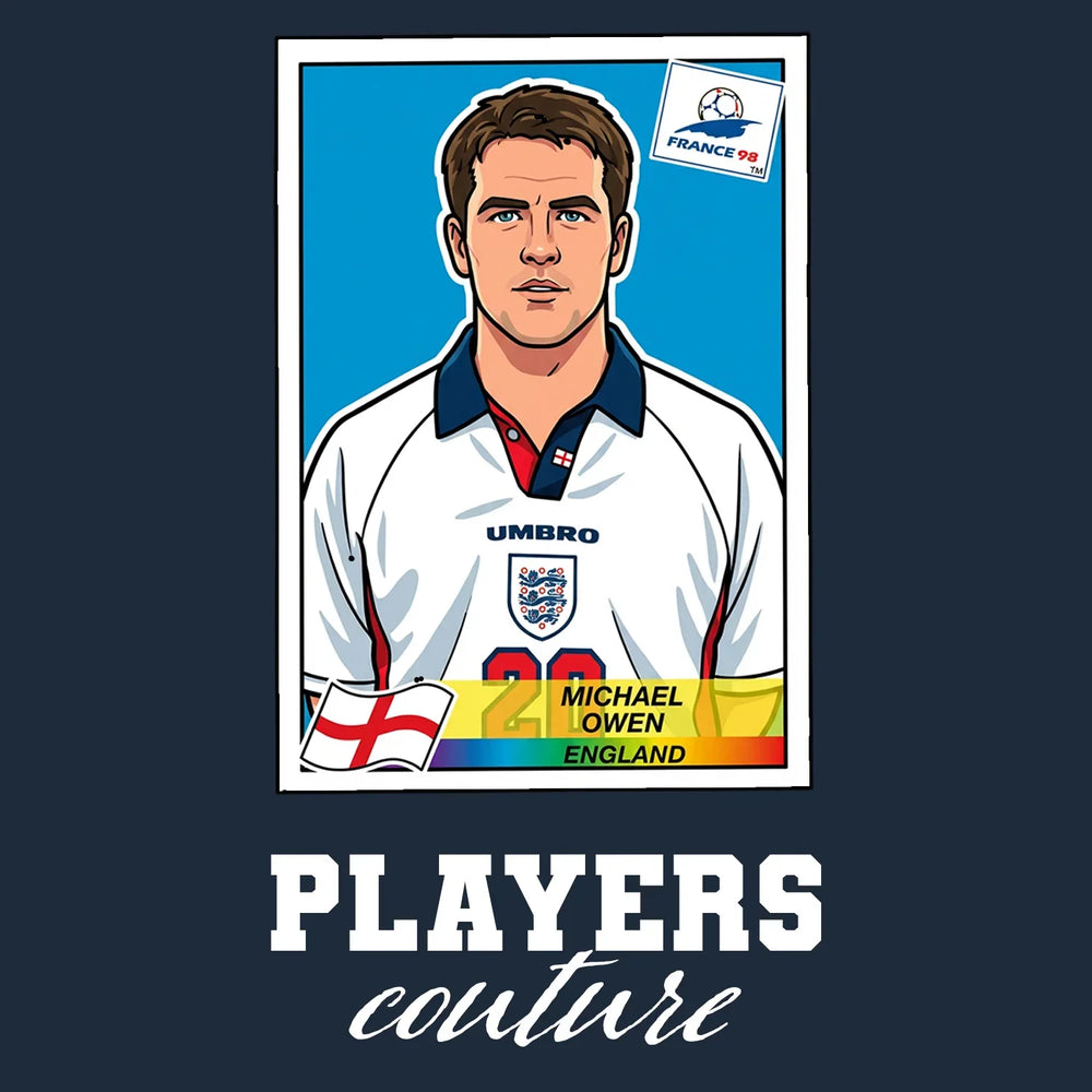 Michael Owen World Cup Sticker Men's T-Shirt – navy close-up detail shot of the Michael Owen World Cup Players Couture logo