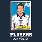Michael Owen World Cup Sticker Men's T-Shirt – navy close-up detail shot of the Michael Owen World Cup Players Couture logo