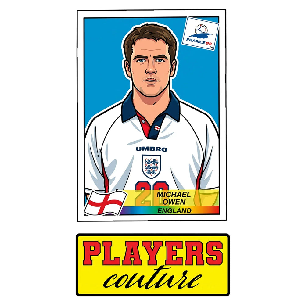 Michael Owen World Cup Sticker Men's T-Shirt – close-up detail shot of the Michael Owen World Cup Players Couture logo design