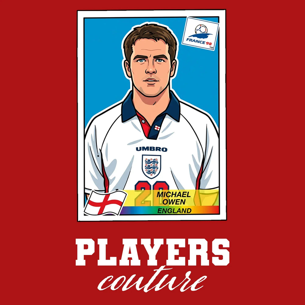 Michael Owen World Cup Sticker Men's T-Shirt – red close-up detail shot of the Michael Owen World Cup Players Couture logo