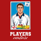 Michael Owen World Cup Sticker Men's T-Shirt – red close-up detail shot of the Michael Owen World Cup Players Couture logo