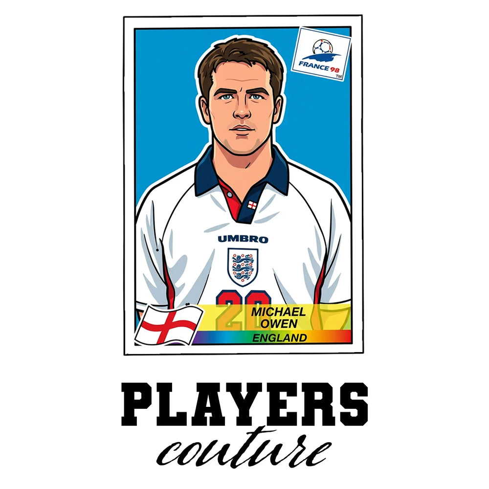 Michael Owen World Cup Sticker Men's T-Shirt – white close-up detail shot of the Michael Owen Players Couture logo design